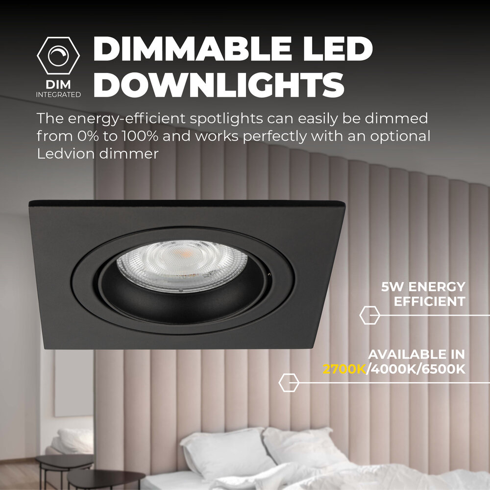 Ledvion Dimmbare LED Einbaustrahler Schwarz - Sevilla - 5W - 2700K - 92mm - Quadrat - 3 Pack