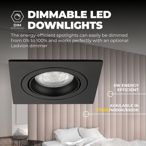 Ledvion Dimmbare LED Einbaustrahler Schwarz - Sevilla - 3W - 2700K - 92mm - Quadrat - 3 Pack