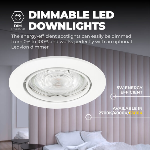 Ledvion Dimmbare LED Einbaustrahler Weiß - Amsterdam - 5W - 6500K - ø82mm