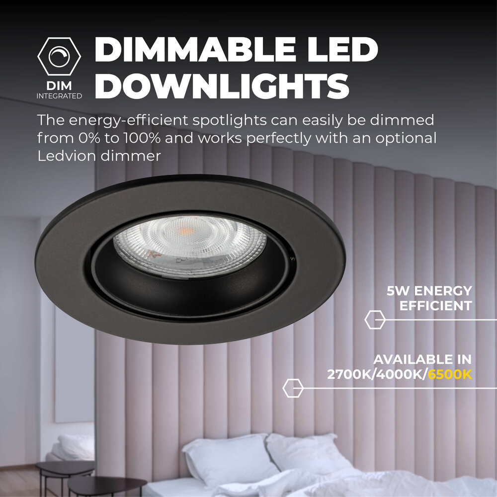 Ledvion Dimmbare LED Einbaustrahler Schwarz - Rio - 3W - 6500K - ø85mm - 6 Pack
