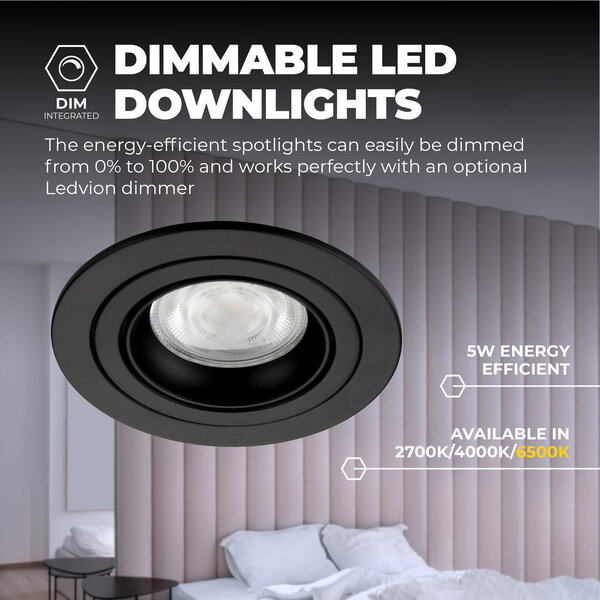 Ledvion Dimmbare LED Einbaustrahler Schwarz - Tokyo - 3W - 6500K - ø92mm - 6 Pack