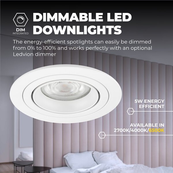 Ledvion Dimmbare LED Einbaustrahler Weiß - Tokyo - 5W - 6500K -  ø92mm - 3 Pack