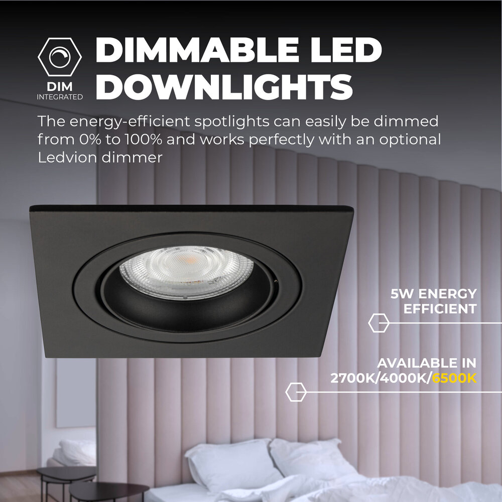 Ledvion Dimmbare LED Einbaustrahler Schwarz - Sevilla - 5W - 6500K - 92mm - Quadrat - 3 Pack