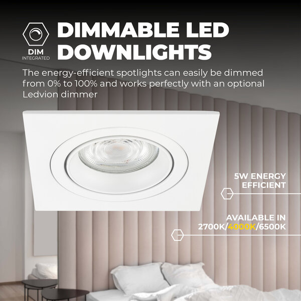 Ledvion Dimmbare LED Einbaustrahler Weiß - Sevilla - 5W - 4000K - 92mm - Quadrat - 6 Pack