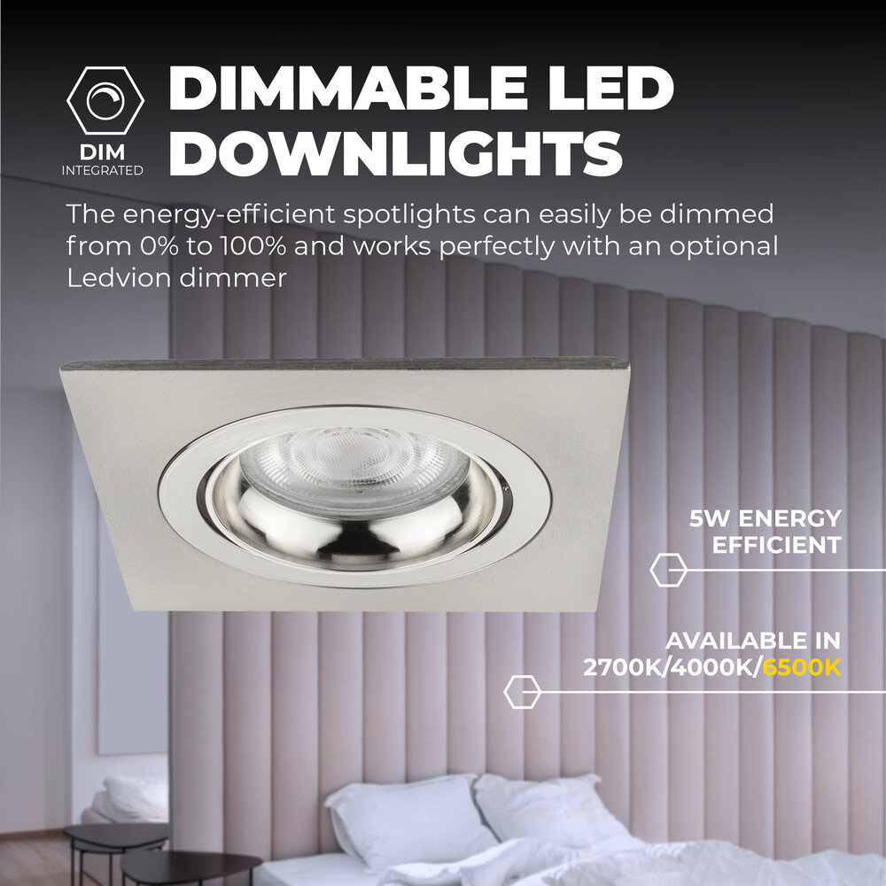 Ledvion Dimmbare LED Einbaustrahler Edelstahl - Sevilla - 5W - 6500K - 92mm - Quadrat