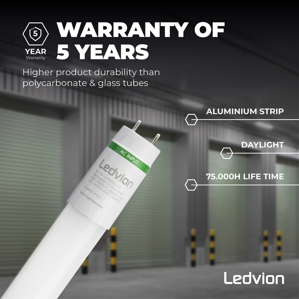 Ledvion LED Röhre 120CM - 18W - 6500K - 185 Lm/W - High Efficiency - Energieetikette B