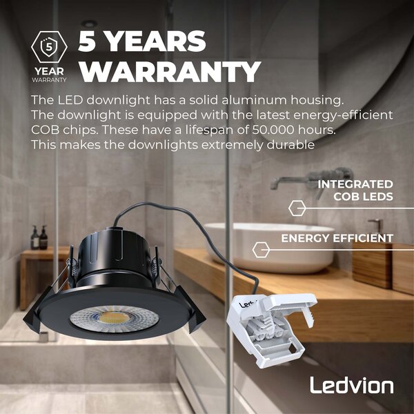 Ledvion Dimmbare LED Einbaustrahler Schwarz - IP65 - 5W - 2700K - 5 Jahre Garantie - Geeignet für das Badezimmer