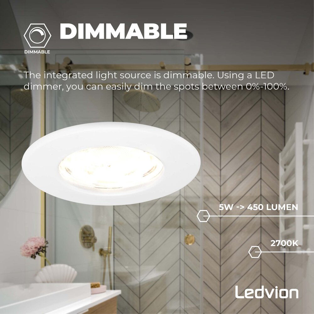 Ledvion Dimmbare LED Einbaustrahler Weiss - IP65 - 5W - 2700K - 5 Jahre Garantie - Geeignet für das Badezimmer