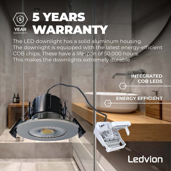 Ledvion Dimmbare LED Einbaustrahler Edelstahl - IP65 - 5W - 2700K - 5 Jahre Garantie - Geeignet für das Badezimmer