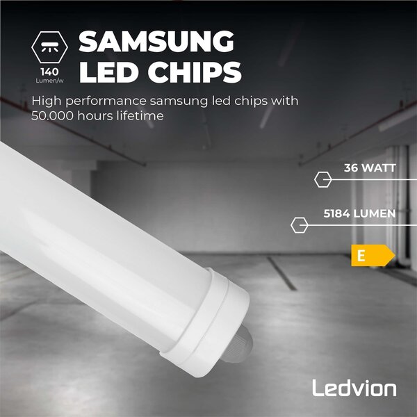 Ledvion 6-Pack LED Feuchtraumleuchten 120 cm - Samsung LED - IP65 - 36W - 144 lm/W - 6500K - Verlinkbar - 5 Jahre Garantie