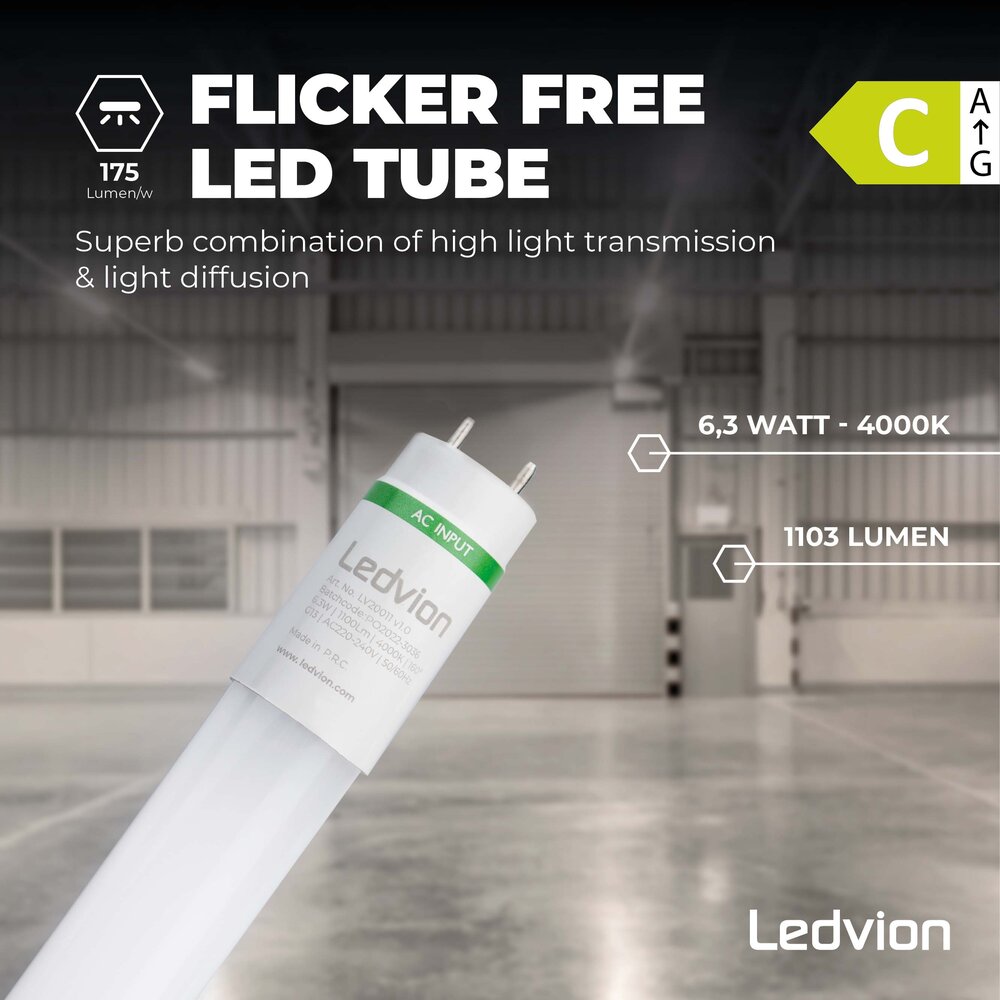 Ledvion LED Röhre 60CM - 6,3W - 4000K - 175 Lm/W - High Efficiency - Energieetikette C