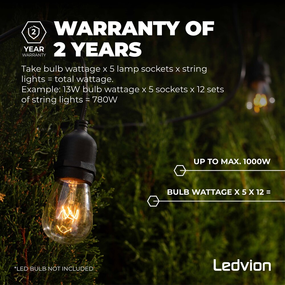 Ledvion LED String Light + 3m Anschlusskabel - IP65 - Verknüpfbar - E27-Fassungen