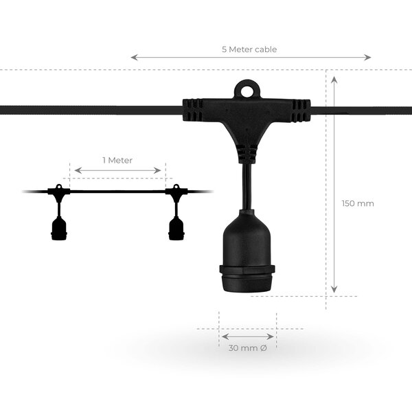 Ledvion 5m LED String Light - IP65 Lichterkette Außenbereich - Verknüpfbar - E27-Fassungen