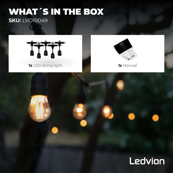 Ledvion 5m LED String Light - IP65 Lichterkette Außenbereich - Verknüpfbar - E27-Fassungen