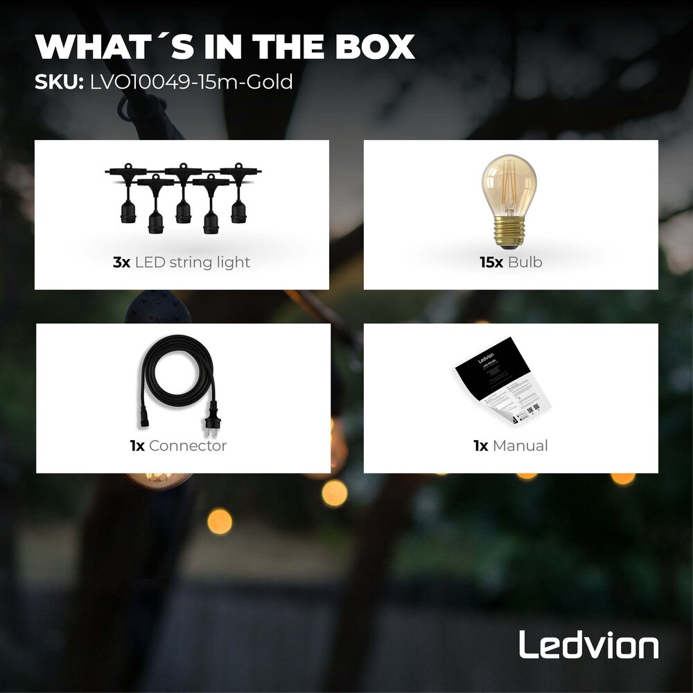 Ledvion 15m LED String Light + 3m Anschlusskabel - IP65 - Verknüpfbar - inkl. 15 LEDs