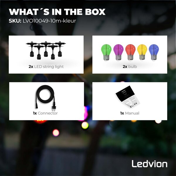 Ledvion 10m LED String Light + 3m Anschlusskabel - IP65 - Verknüpfbar - inkl. 10 LEDs