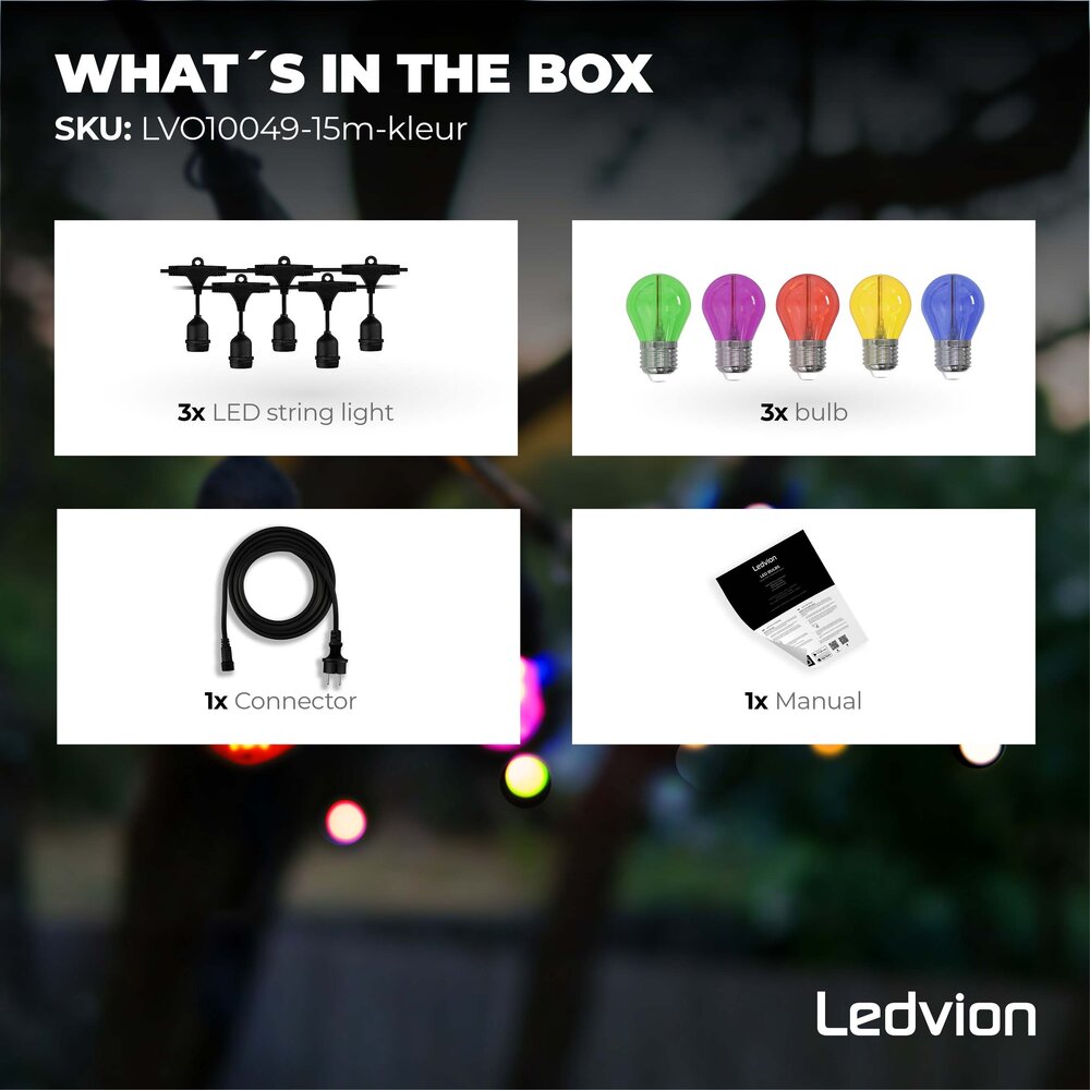 Ledvion 15m LED String Light + 3m Anschlusskabel - IP65 - Verknüpfbar - inkl. 15 LEDs