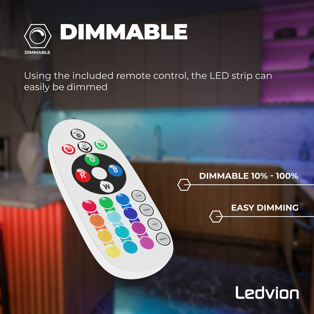 Ledvion LED Streifen - 5 Meter - RGB + 3000K - 24V - 13W - Plug & Play - Dimmbar