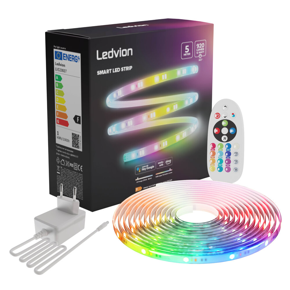 Ledvion Smart LED Streifen - 5 Meter - RGB + CCT - 24V - 12W - Plug & Play - Dimmbar