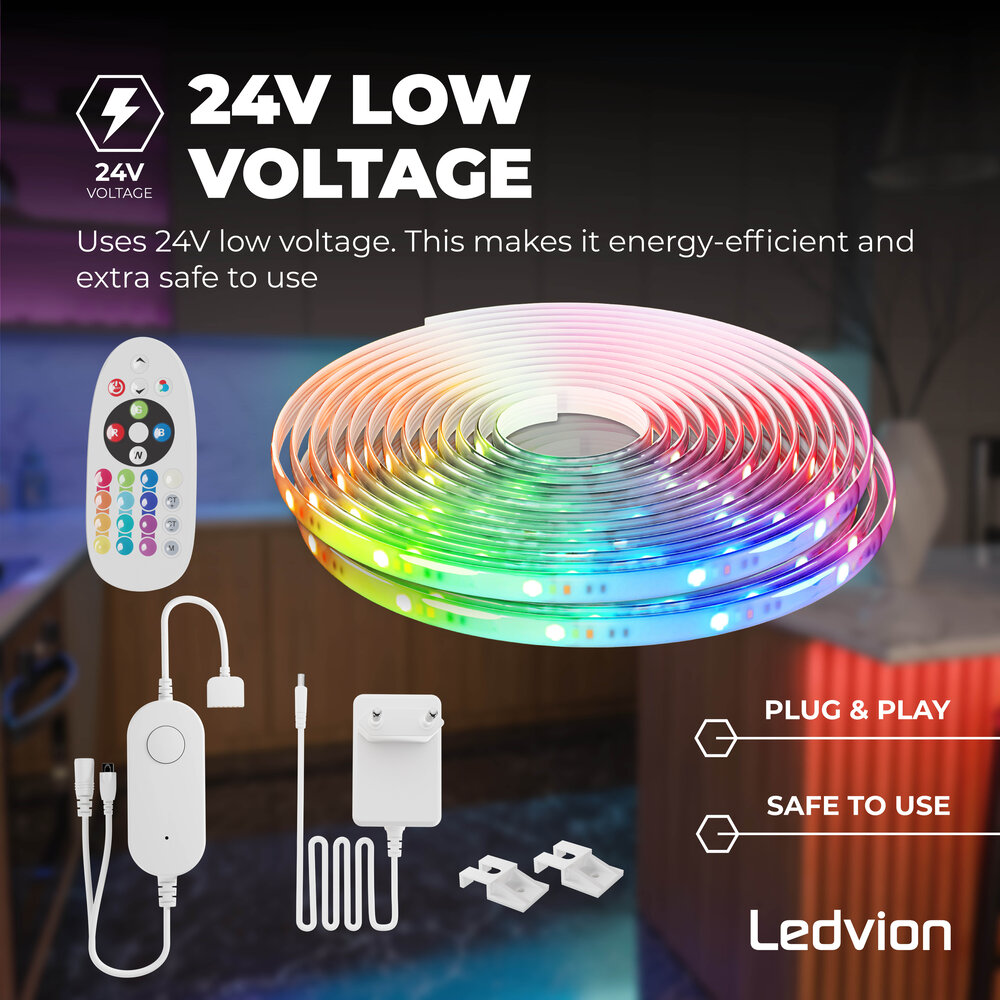 Ledvion Smart LED Streifen - 10 Meter - RGB + CCT - 24V - 19W - Plug & Play - Dimmbar