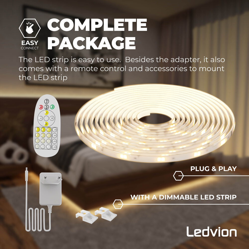 Ledvion LED Streifen - 5 Meter - 3000K-6500K - 24V - 13W - Plug & Play - Dimmbar