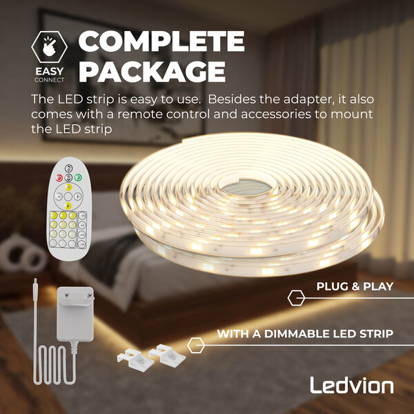 Ledvion LED Streifen - 10 Meter - 3000K-6500K - 24V - 24W - Plug & Play - Dimmbar