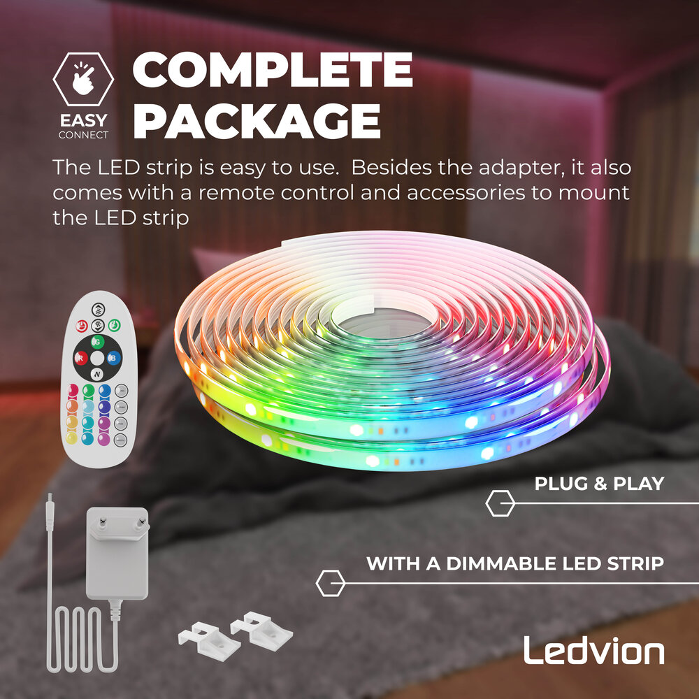 Ledvion LED Streifen - 10 Meter - RGB + 3000K - 24V - 23W - Plug & Play - Dimmbar