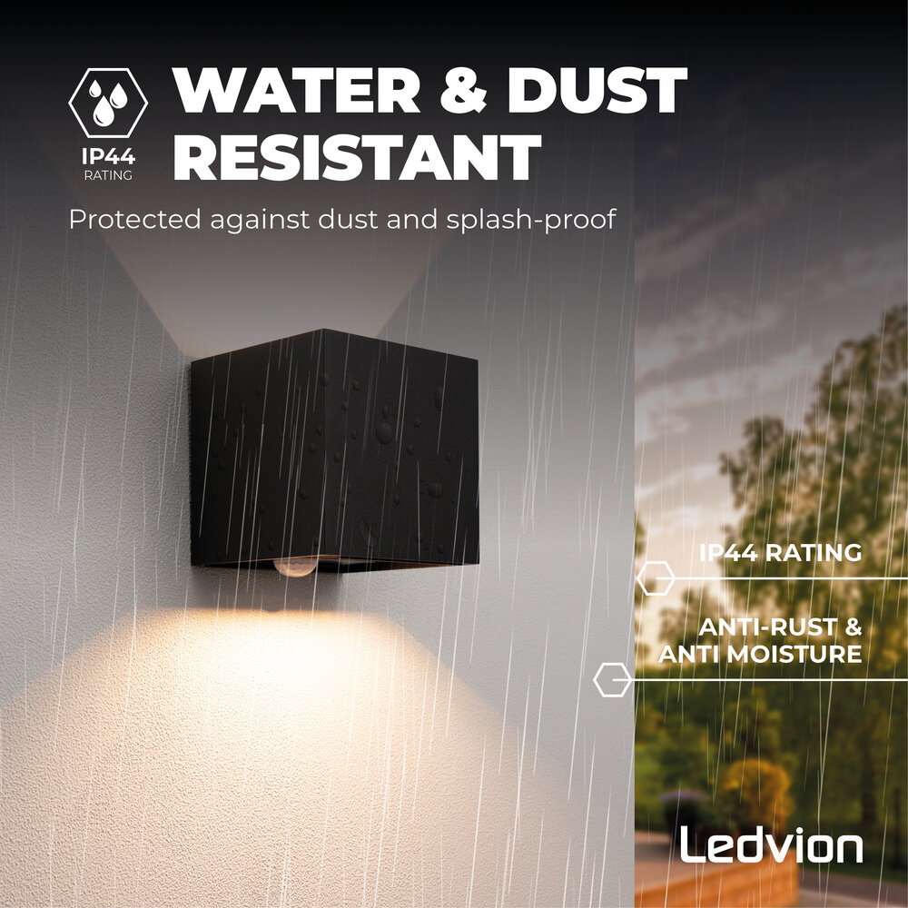 Ledvion LED Wandleuchte Schwarz mit Bewegungssensor - 3000K - 2x 3 Watt - IP44 - Beidseitig