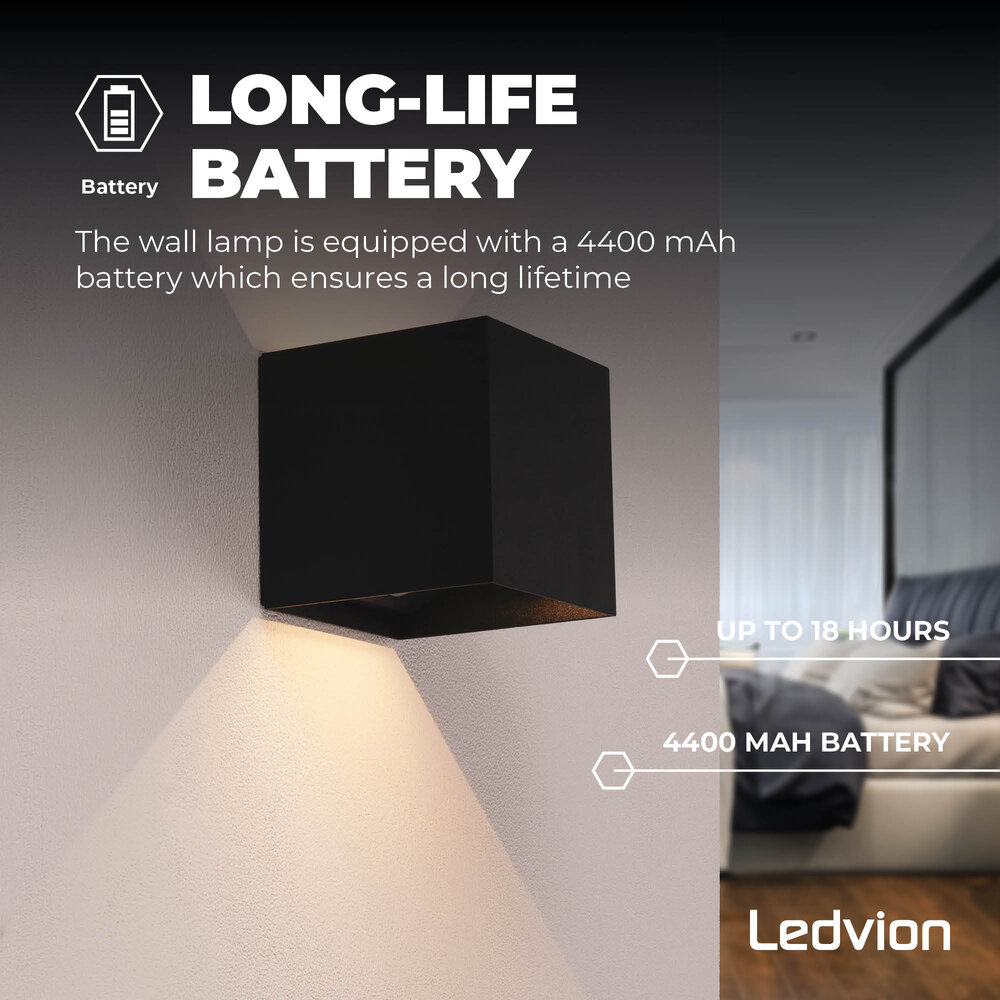 Ledvion LED Wandleuchte USB Aufladbar Schwarz – Kabellos – 4400-mAh-Akku – Für den Innen- und Außenbereich geeignet