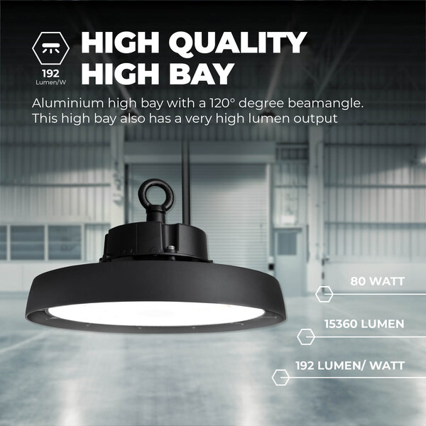Ledvion LED Hallenstrahler 80W - Energieeffizienzklasse A - 120° - 192 Lm/W - 4000K - IP65 - Dimmbar - 5 Jahre Garantie