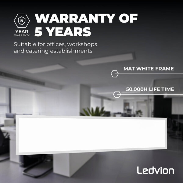 Ledvion LED Panel 120x30 - UGR <19 - 24W - 160 Lm/W - 4000K - 5 Jahre Garantie - Energieeffizienzklasse A - GS-geprüft