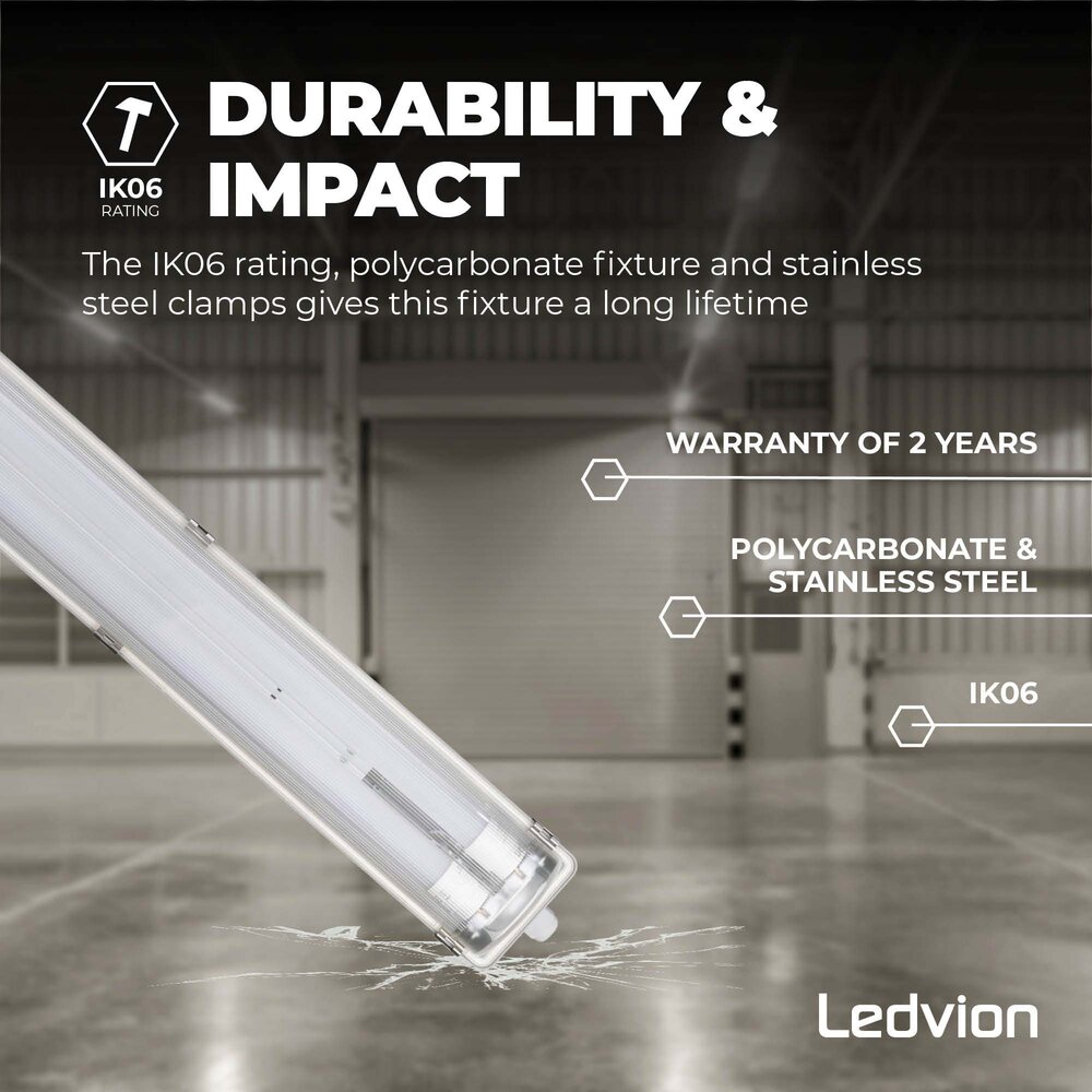 Ledvion LED Feuchtraumleuchte 60CM - 2x6.3W - 1100 Lumen - 4000K - High Efficiency - Energieetikette C - IP65 - Inkl. LED Röhre