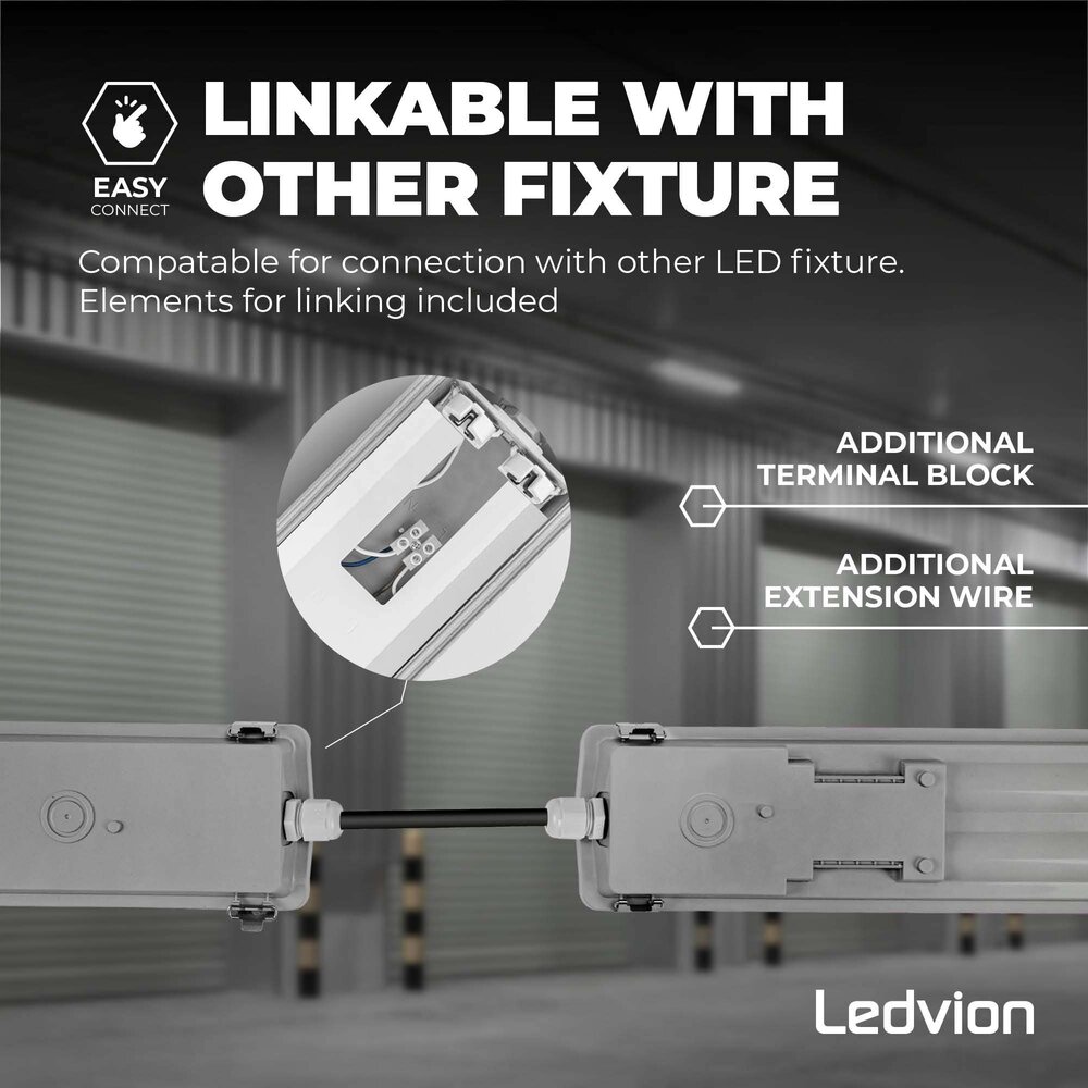 Ledvion LED Feuchtraumleuchte 120 cm für 2x LED TL Röhren - IP65 - Edelstahlklammern