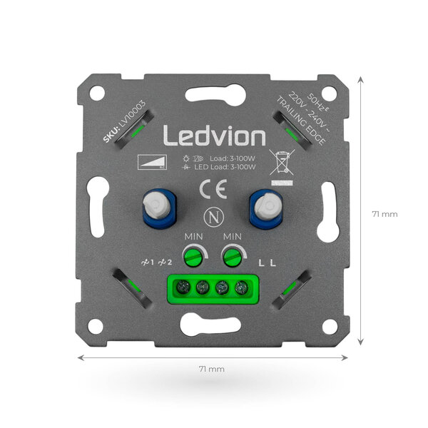 Ledvion LED Doppeldimmer 2x 3-100 Watt - 220-240V - Phasenabschnitt - Universal - Komplett