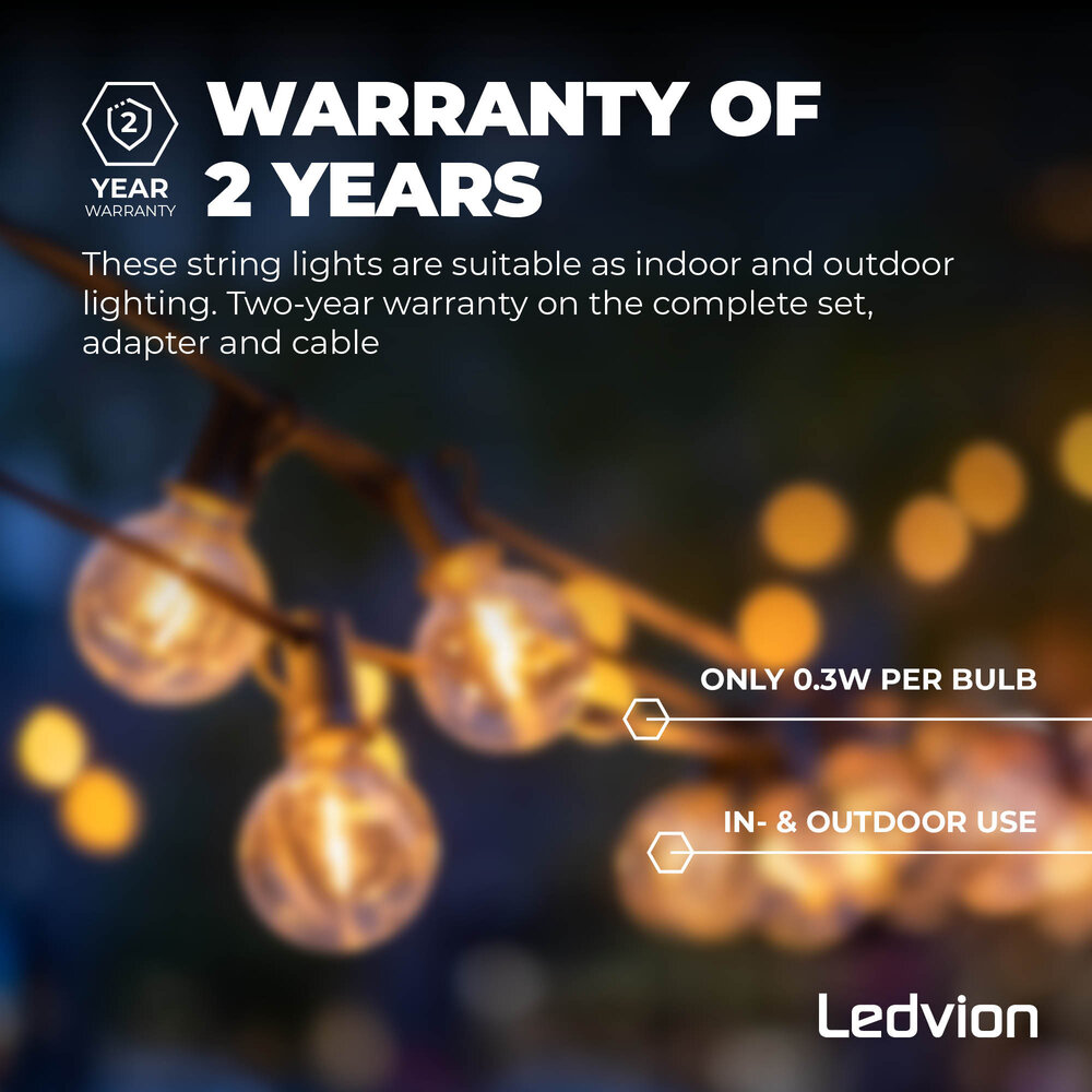 Ledvion 5,5m LED Lichterkette + 3m Anschlusskabel - G40 - 2700K - 12V - IP44 - Verknüpfbar - inkl. 10 LEDs - Plug & Play