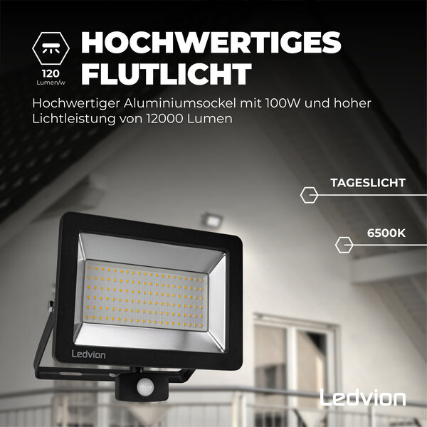 Ledvion LED Fluter mit Sensor 100W - Osram LED Chips - 6500K - Schnellanschluss