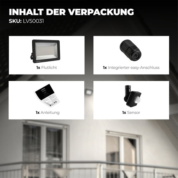 Ledvion LED Fluter mit Sensor 100W - Osram LED Chips - 6500K - Schnellanschluss