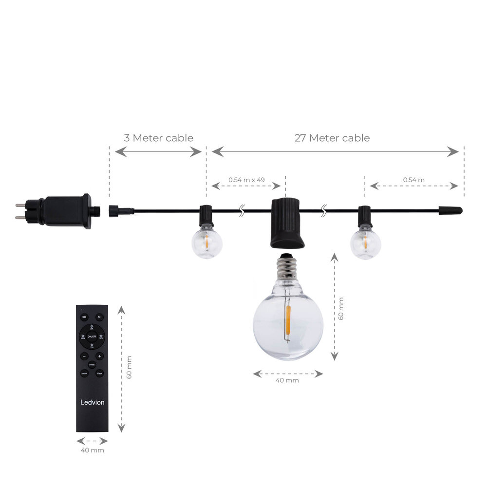 Ledvion 27m LED Lichterkette mit Fernbedienung + 3m Anschlusskabel - G40 - 2700K - 12V - IP44 - Verknüpfbar - inkl. 50 LEDs - Plug & Play