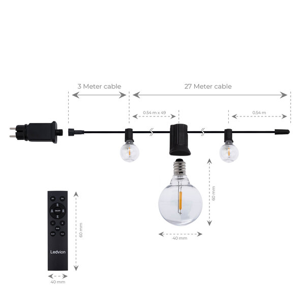 Ledvion 27m LED Lichterkette mit Fernbedienung + 3m Anschlusskabel - G40 - 2700K - 12V - IP44 - Verknüpfbar - inkl. 50 LEDs - Plug & Play
