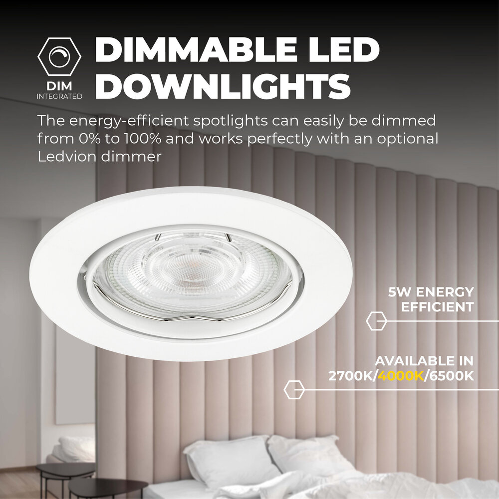 Ledvion Dimmbare LED Einbaustrahler Weiß - Amsterdam - 3W - 4000K - ø82mm - 6 Pack