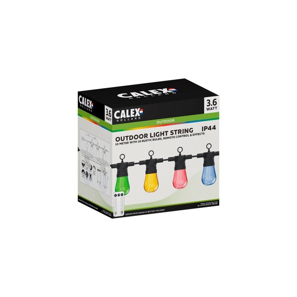 Calex 10m Calex Vista Lichterkette + 2 m Anschlusskabel - IP44 - RGB - Inkl. 10 Lampen