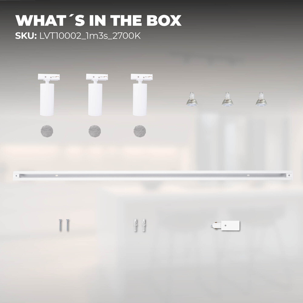 Ledvion 1m LED Schienensystem - 3 Spots - 3W - 2700K - Dimmbar - 1 Phasen - Weiß