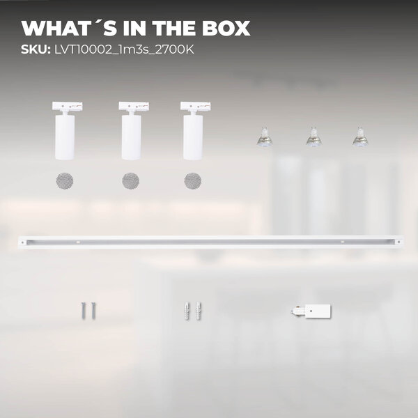 Ledvion 1m LED Schienensystem - 3 Spots - 3W - 2700K - Dimmbar - 1 Phasen - Weiß