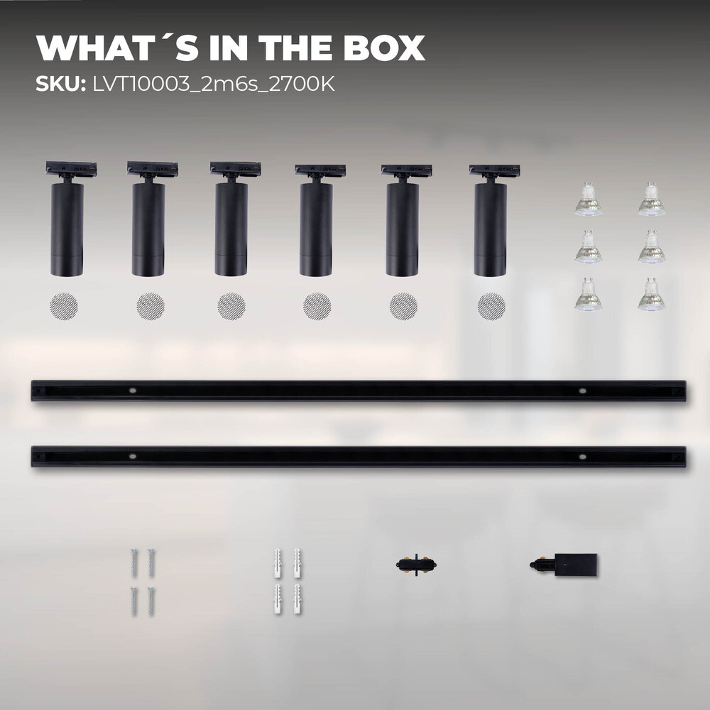 Ledvion 2m LED Schienensystem - 6 Spots - 3W - 2700K - Dimmbar - 1 Phasen - Schwarz
