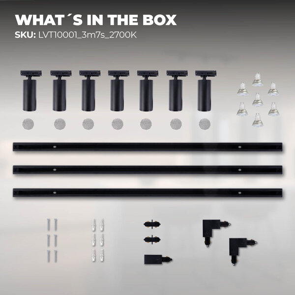 Ledvion 3m LED Schienensystem - 7 Spots - 3W - 2700K - Dimmbar - 1 Phasen - Schwarz