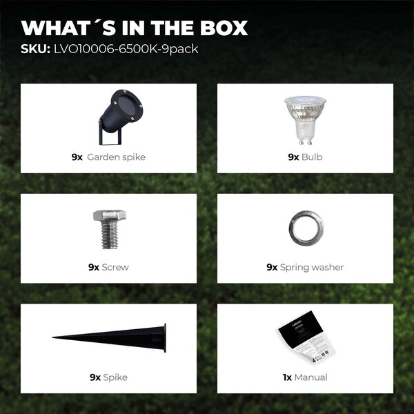 Ledvion 9x LED Gartenstrahler Aluminium - IP65 - 3W - 6500K -  1M Kabel