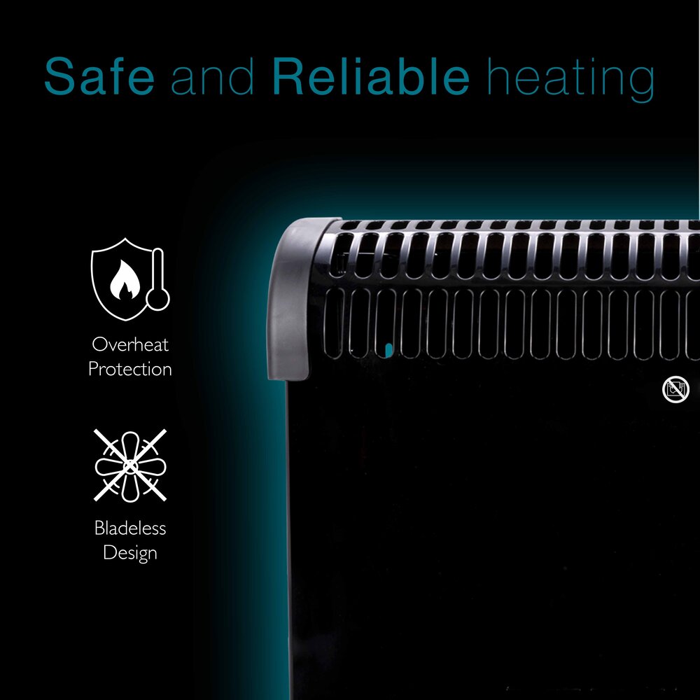 Tiqvi Konvektorheizung - 2000W - Bis zu 25 m² - Einstellbarer Thermostatknopf - Schwarz