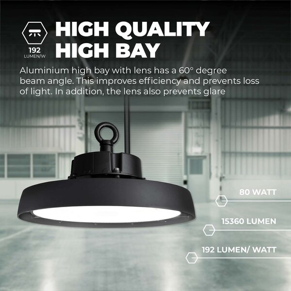 Ledvion LED Hallenstrahler 80W mit Linse - Energieeffizienzklasse A - 60° - 192 Lm/W - 4000K - IP65 - Dimmbar - 5 Jahre Garantie