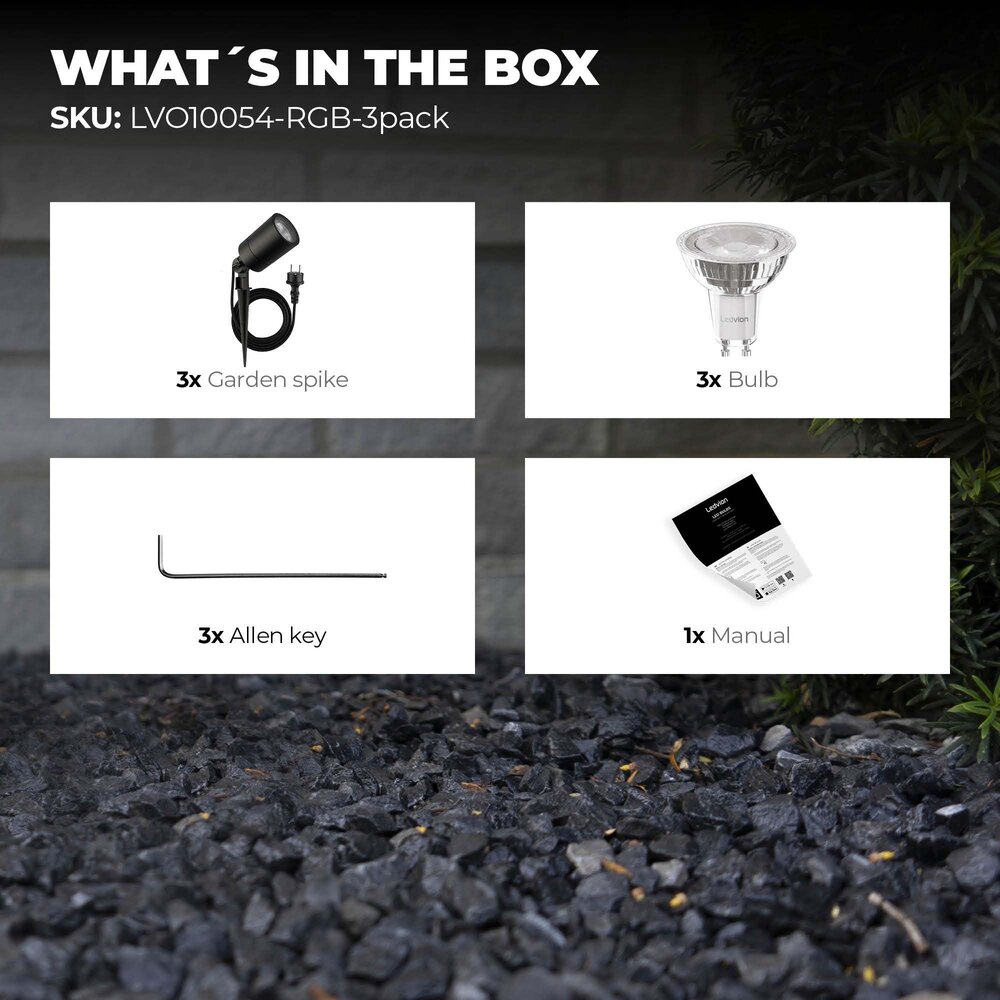 Ledvion 3x Smart LED Gartenstrahler - IP65 - 4,9W - RGB+CCT - 2M Kabel - Schwarz