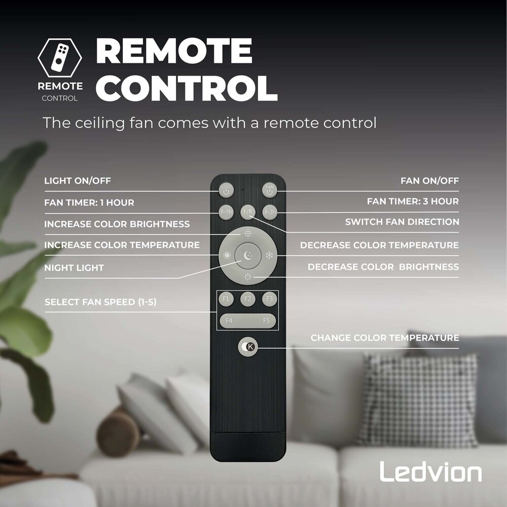 Ledvion Deckenventilator mit Licht - Dimmbar - 48W - 2700K-6500K - Inkl. Fernbedienung